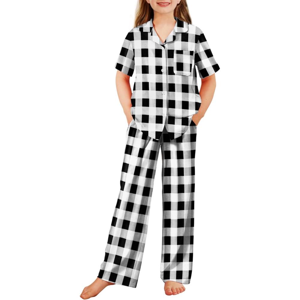imageArshiner Pajamas for Girls Short Sleeve Long Pants Outfit 2 Piece Sleepwear Button Pjs SetsPlaidblack White