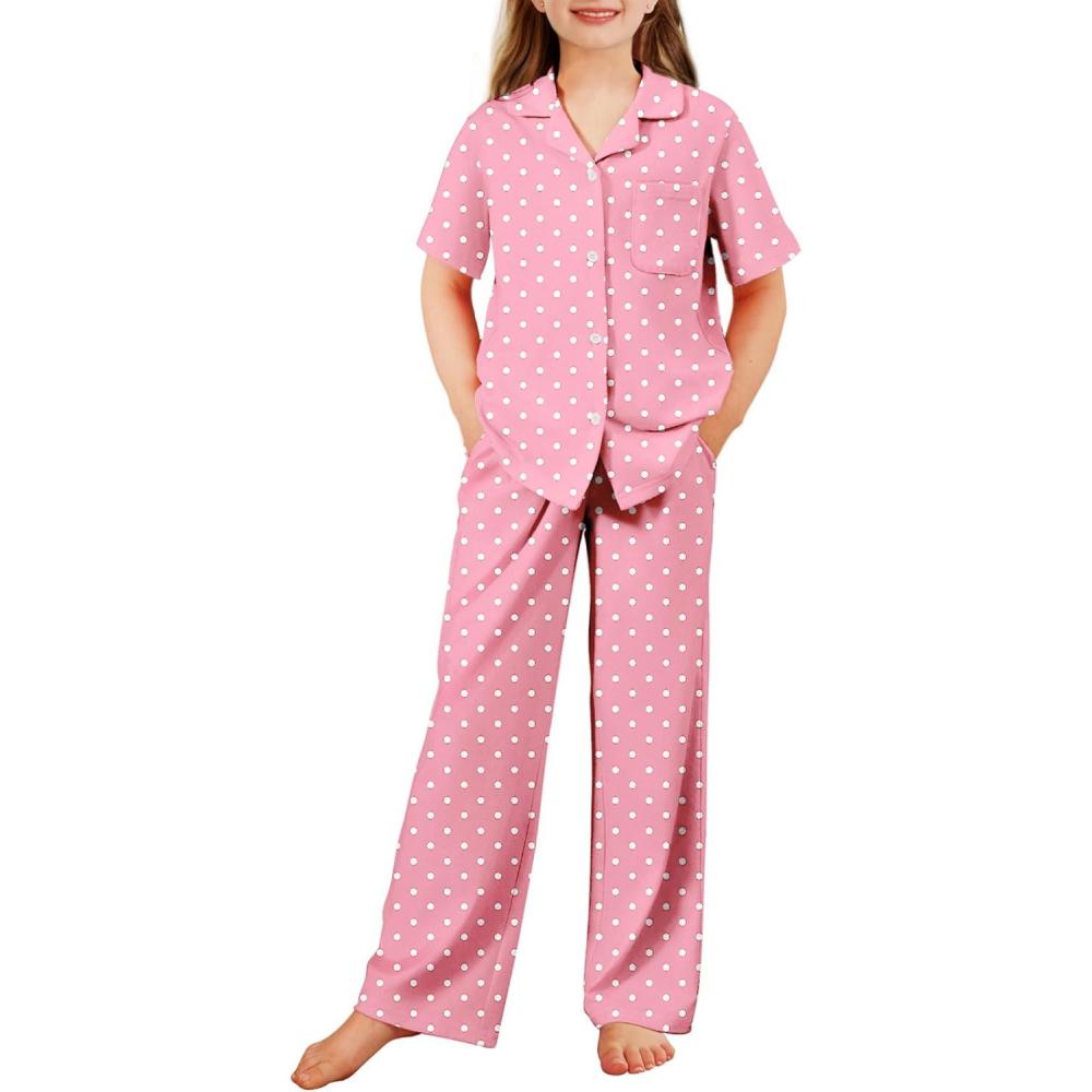 imageArshiner Pajamas for Girls Short Sleeve Long Pants Outfit 2 Piece Sleepwear Button Pjs SetsPolka Dotpink White