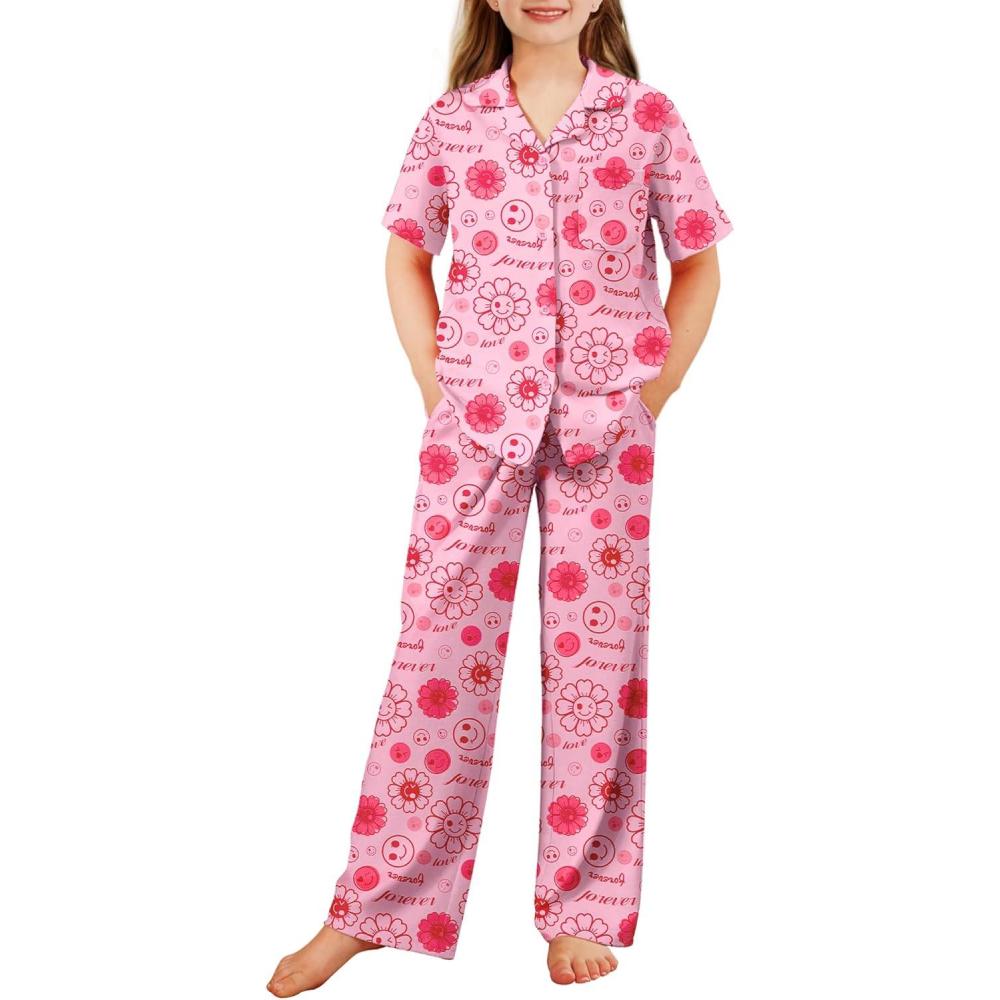 imageArshiner Pajamas for Girls Short Sleeve Long Pants Outfit 2 Piece Sleepwear Button Pjs SetsSmile Face Flowerpink Rose Red