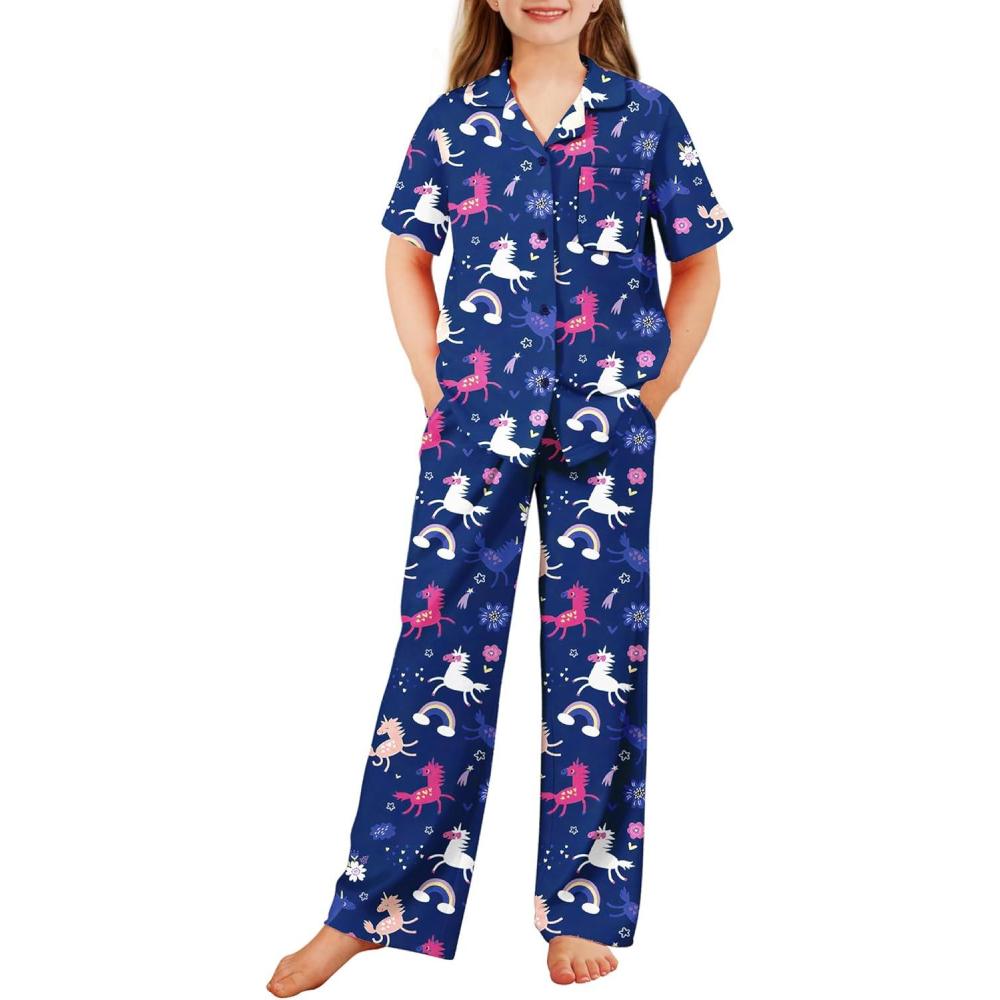 imageArshiner Pajamas for Girls Short Sleeve Long Pants Outfit 2 Piece Sleepwear Button Pjs SetsUnicorn Rainbowdark Purple