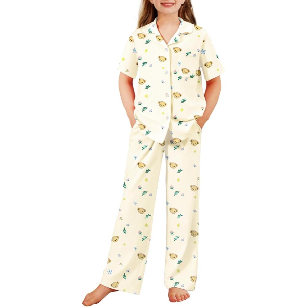 imageArshiner Pajamas for Girls Short Sleeve Long Pants Outfit 2 Piece Sleepwear Button Pjs SetsWhite Teddy