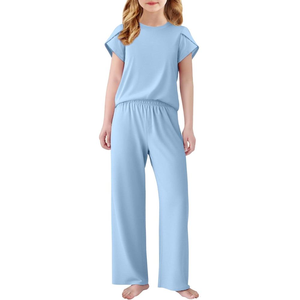 imageArshiner Pajamas for Girls Short Sleeve Long Pants Pjs Cute Soft Sleepwear Lounge SetsBlue