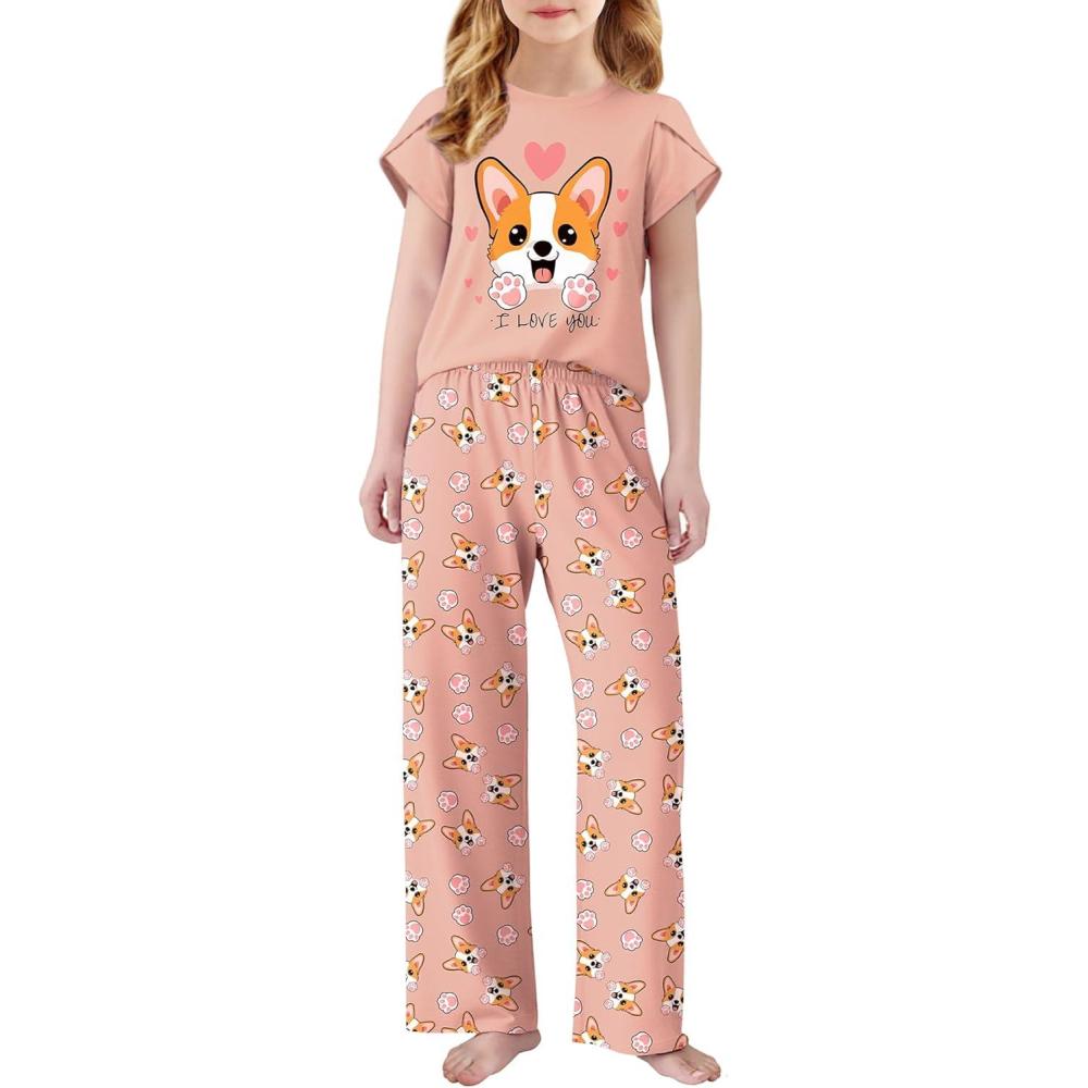 imageArshiner Pajamas for Girls Short Sleeve Long Pants Pjs Cute Soft Sleepwear Lounge SetsHeart Dog