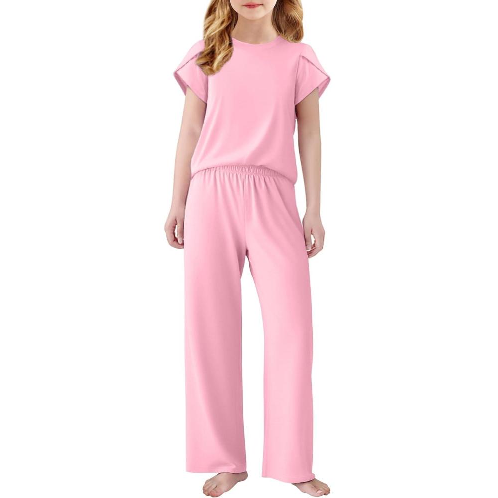 imageArshiner Pajamas for Girls Short Sleeve Long Pants Pjs Cute Soft Sleepwear Lounge SetsPink