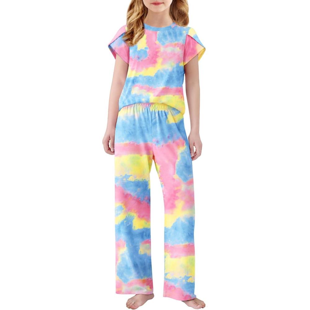 imageArshiner Pajamas for Girls Short Sleeve Long Pants Pjs Cute Soft Sleepwear Lounge SetsPink Blue Tie Dye
