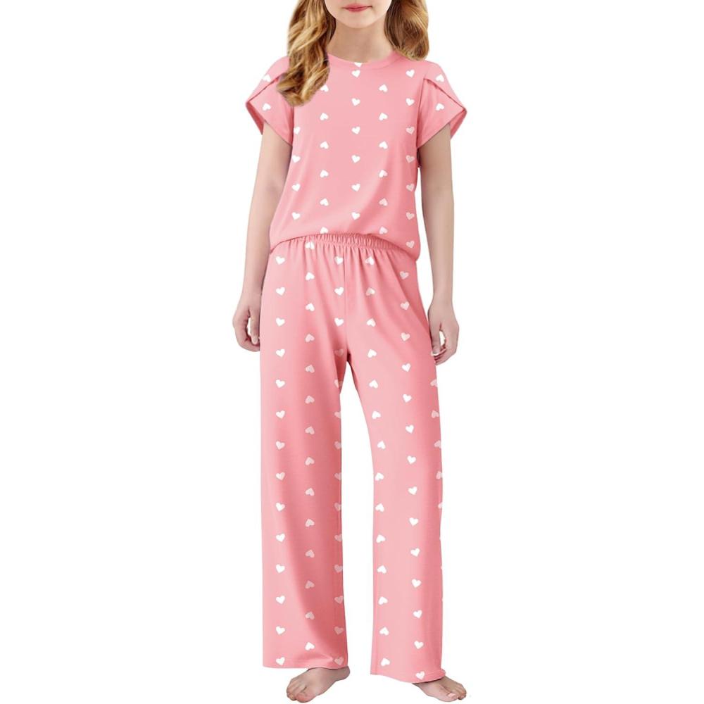 imageArshiner Pajamas for Girls Short Sleeve Long Pants Pjs Cute Soft Sleepwear Lounge SetsPink Heart