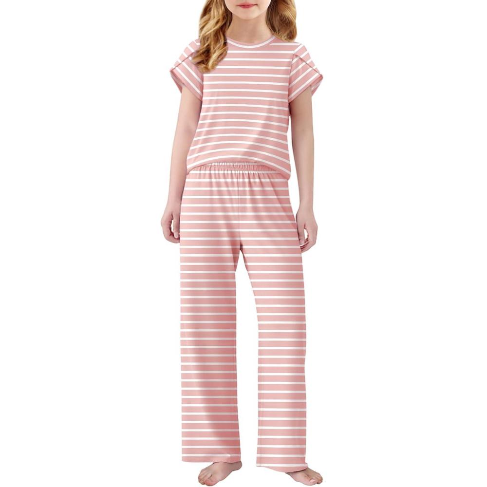 imageArshiner Pajamas for Girls Short Sleeve Long Pants Pjs Cute Soft Sleepwear Lounge SetsPink Stripe