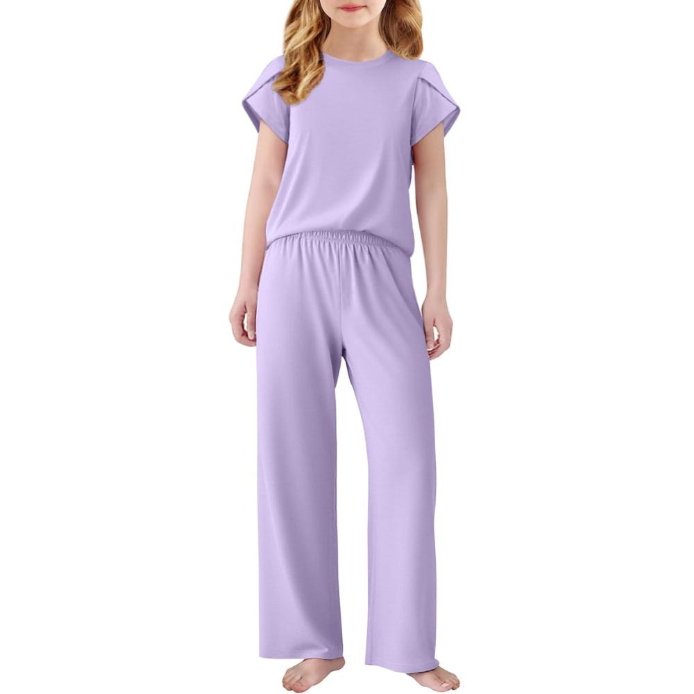 imageArshiner Pajamas for Girls Short Sleeve Long Pants Pjs Cute Soft Sleepwear Lounge SetsPurple