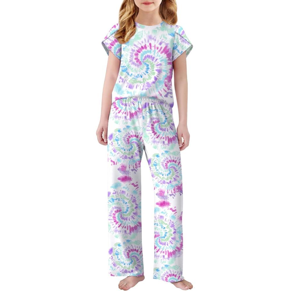 imageArshiner Pajamas for Girls Short Sleeve Long Pants Pjs Cute Soft Sleepwear Lounge SetsTie Dye Swirls