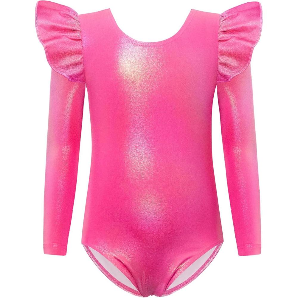 imageArshiner Ruffle Long Sleeve Leotard for Girls Ballet Leotards Low Back Gymnastic Dance Outfits for ToddlerHot Pink