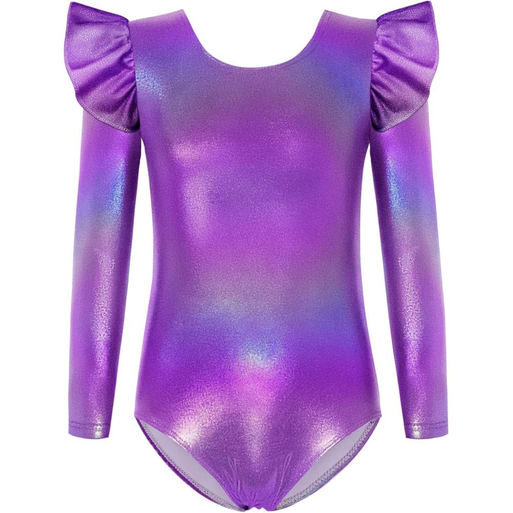 imageArshiner Ruffle Long Sleeve Leotard for Girls Ballet Leotards Low Back Gymnastic Dance Outfits for ToddlerSparkly Purple