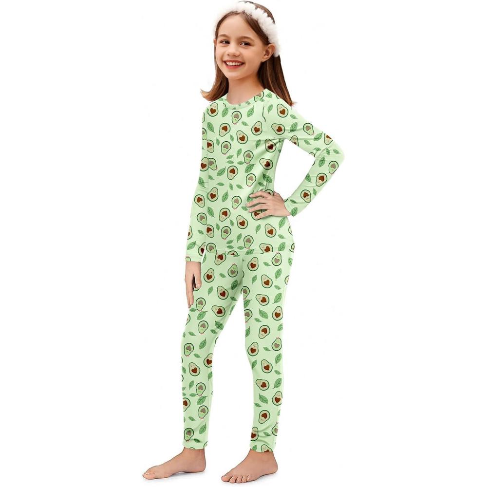 imageArshiner Thermal Underwear for Kids Long Johns Girls Base Layer Top and Bottom SetGreen Avocado