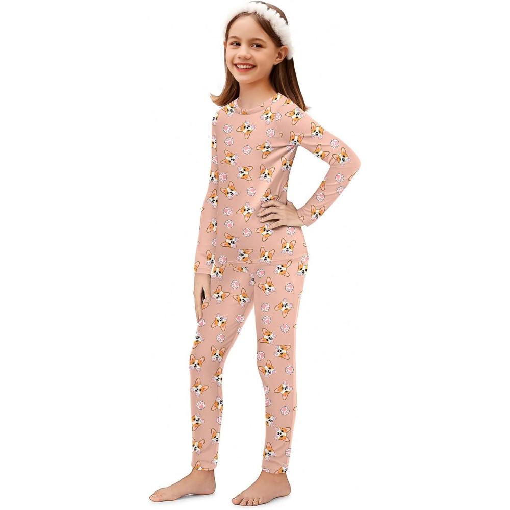 imageArshiner Thermal Underwear for Kids Long Johns Girls Base Layer Top and Bottom SetOrange Dog