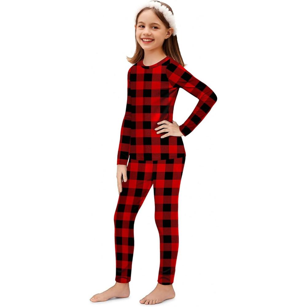 imageArshiner Thermal Underwear for Kids Long Johns Girls Base Layer Top and Bottom SetRed Black Plaid