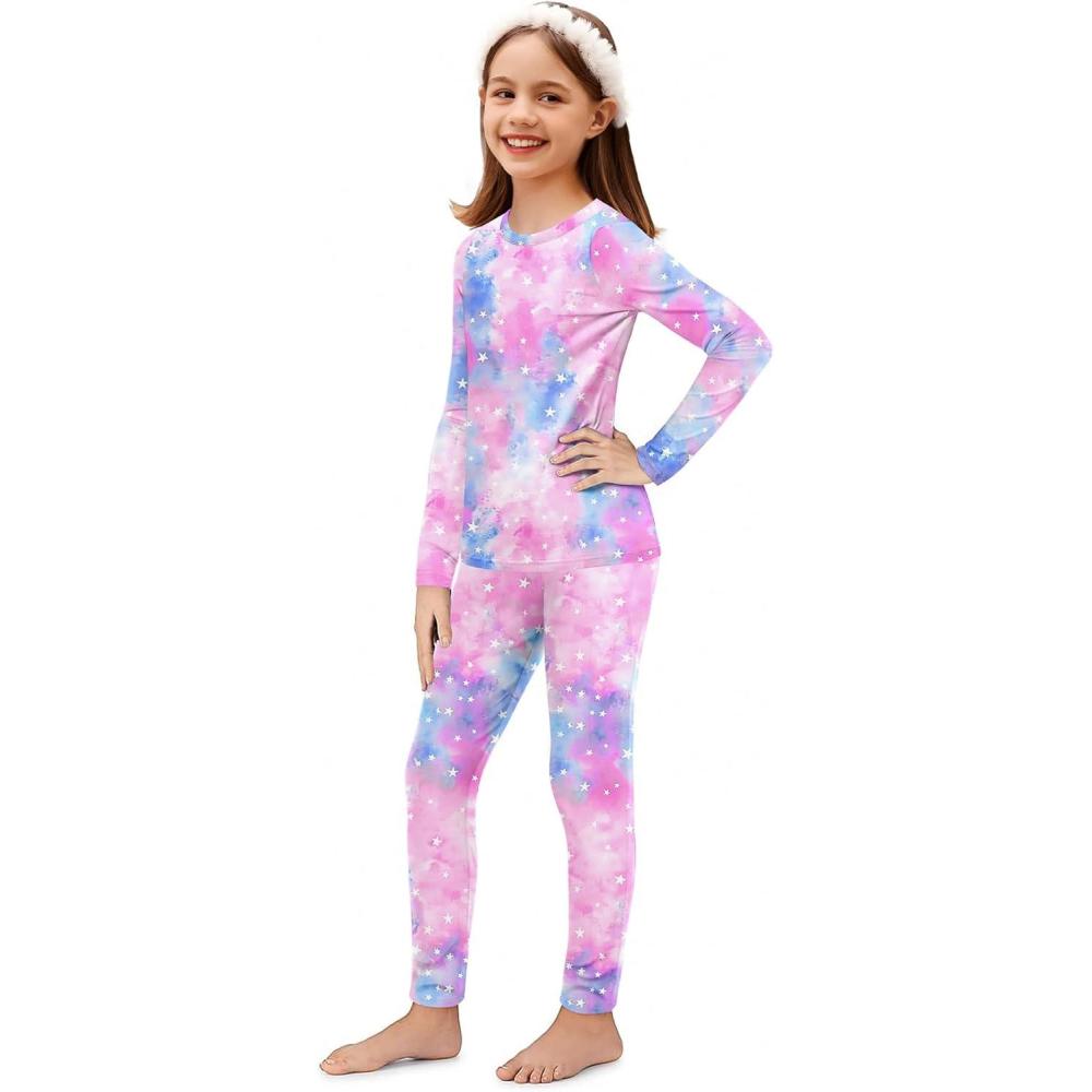 imageArshiner Thermal Underwear for Kids Long Johns Girls Base Layer Top and Bottom SetTie Dye Star