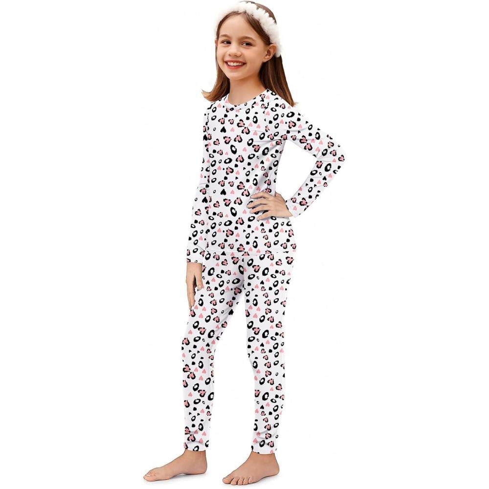 imageArshiner Thermal Underwear for Kids Long Johns Girls Base Layer Top and Bottom SetWhite Pink Leopard