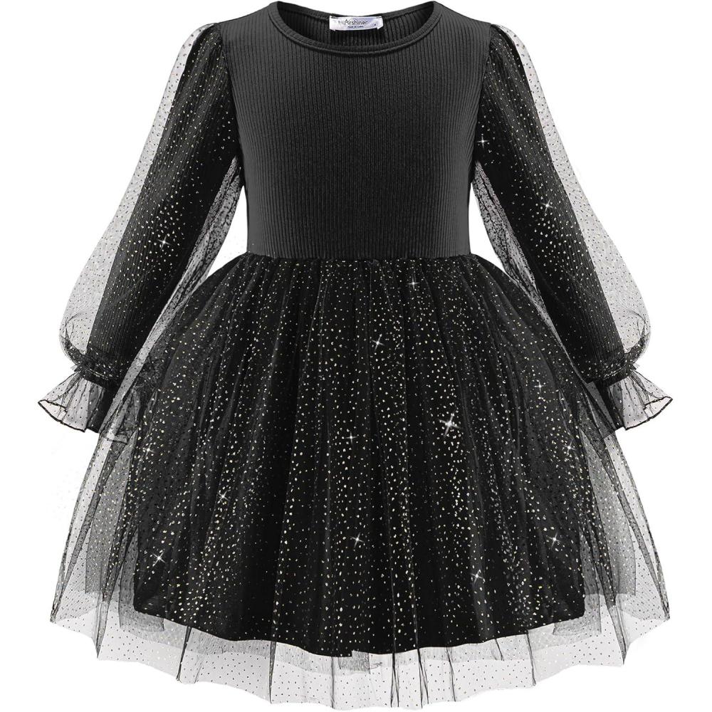 imageArshiner Toddler Christmas Dress Girls Sequin Tulle Puff Long Sleeves Tutu Dress Princess Birthday Party Clothes 16TBlack Glitter Tulle