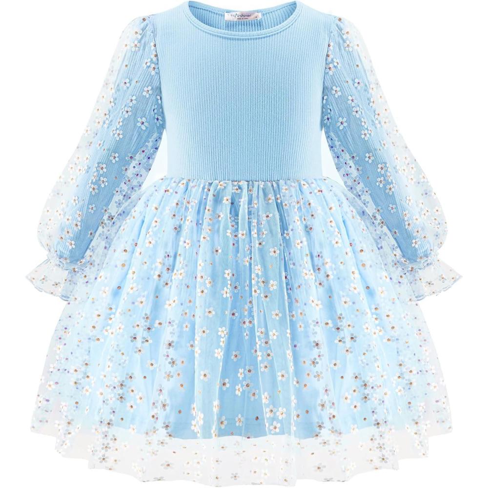 imageArshiner Toddler Christmas Dress Girls Sequin Tulle Puff Long Sleeves Tutu Dress Princess Birthday Party Clothes 16TBlue Daisy Tulle