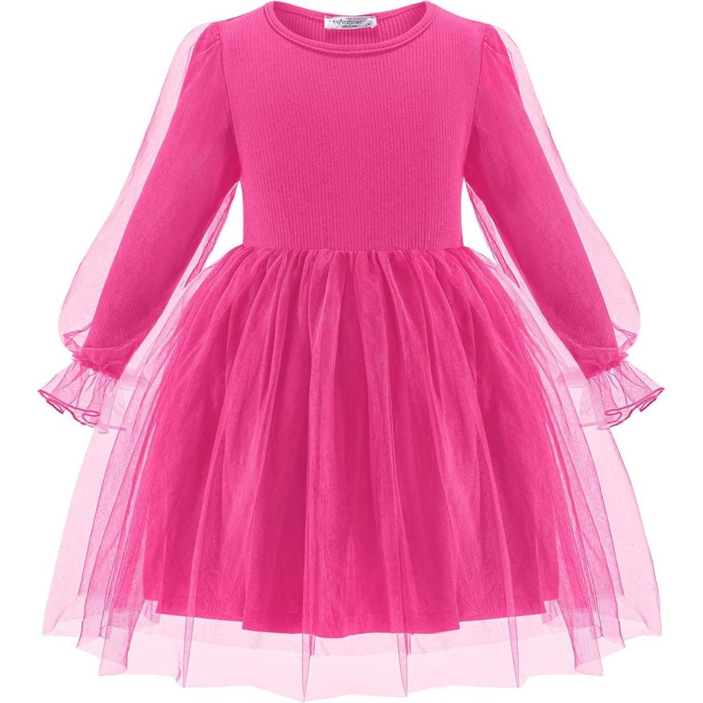 imageArshiner Toddler Christmas Dress Girls Sequin Tulle Puff Long Sleeves Tutu Dress Princess Birthday Party Clothes 16TDeep Pink Solid Tulle