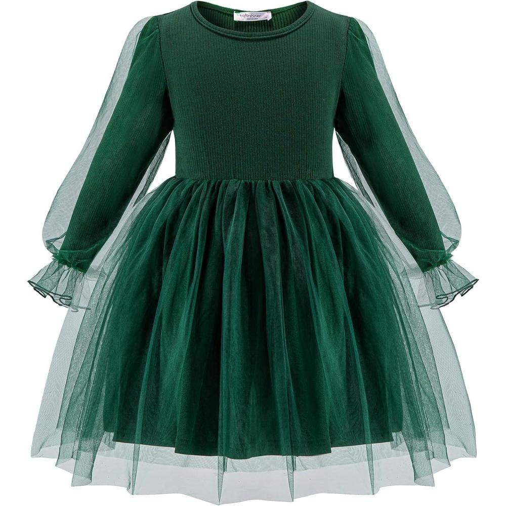 imageArshiner Toddler Christmas Dress Girls Sequin Tulle Puff Long Sleeves Tutu Dress Princess Birthday Party Clothes 16TGreen Solid Tulle
