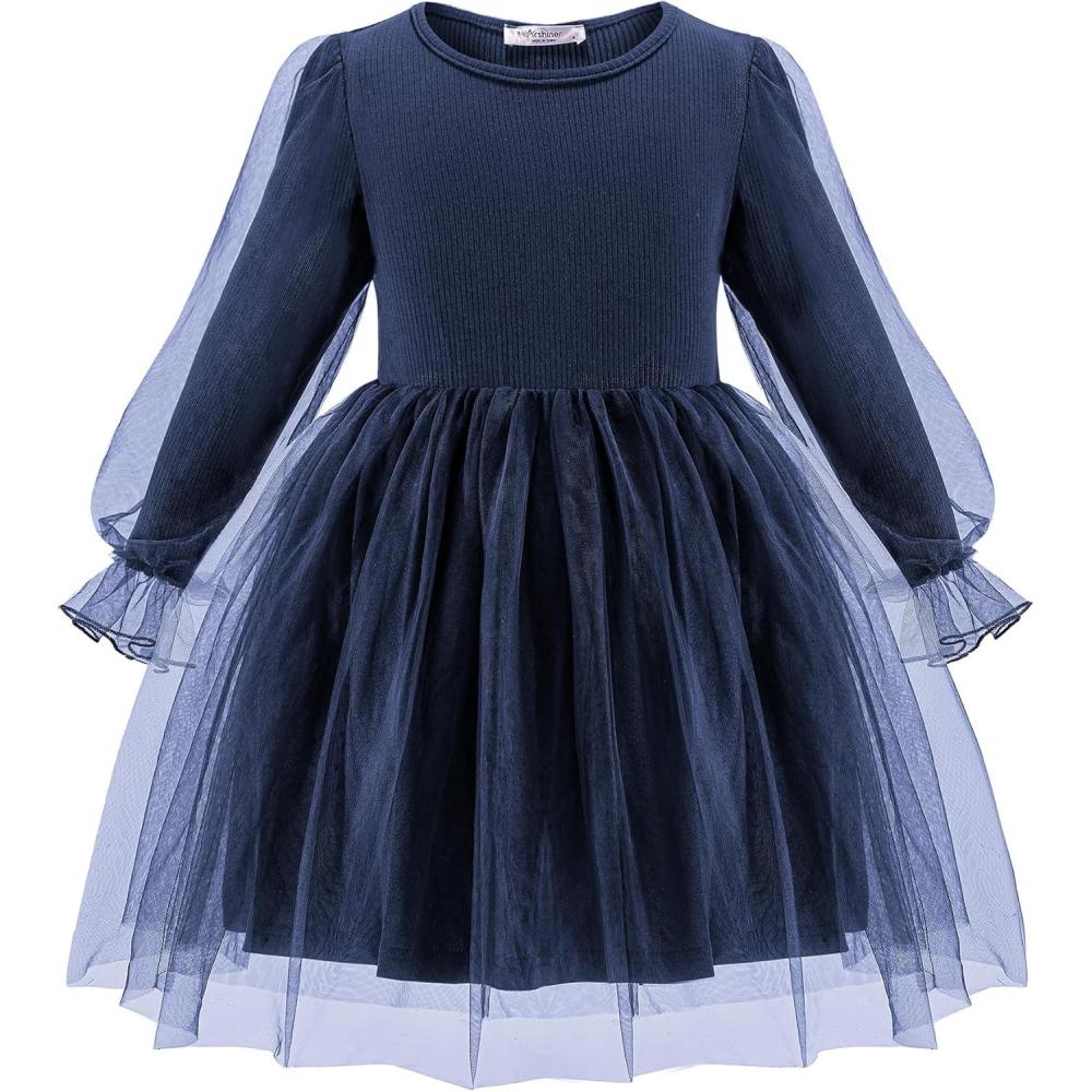 imageArshiner Toddler Christmas Dress Girls Sequin Tulle Puff Long Sleeves Tutu Dress Princess Birthday Party Clothes 16TNavy Blue Solid Tulle