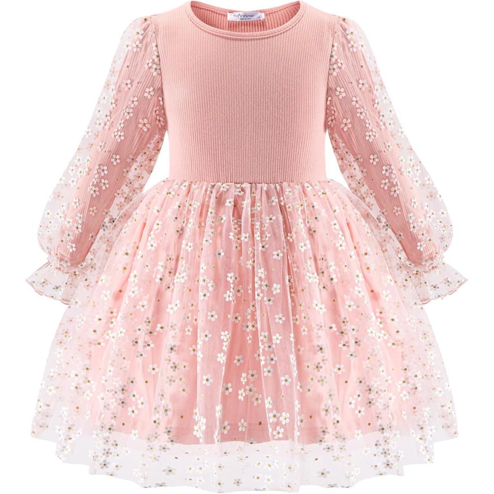 imageArshiner Toddler Christmas Dress Girls Sequin Tulle Puff Long Sleeves Tutu Dress Princess Birthday Party Clothes 16TPink Daisy Tulle
