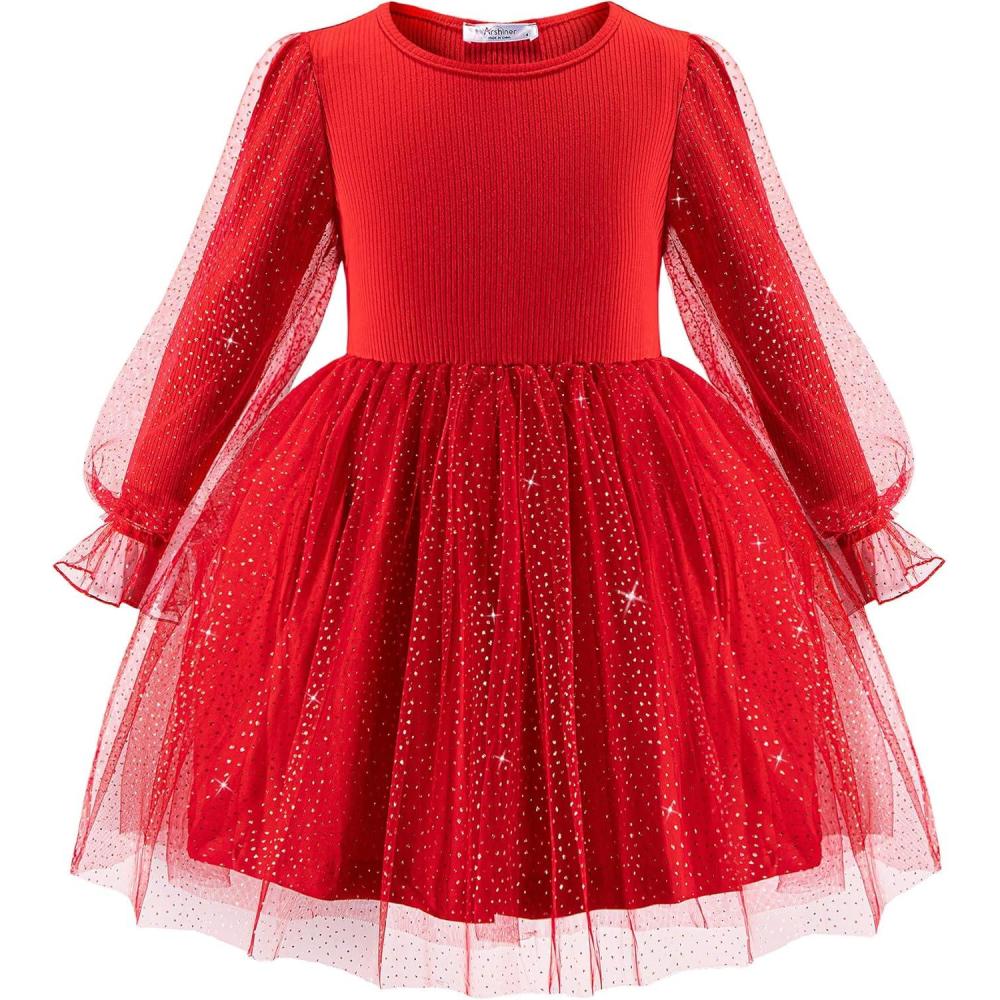 imageArshiner Toddler Christmas Dress Girls Sequin Tulle Puff Long Sleeves Tutu Dress Princess Birthday Party Clothes 16TRed Glitter Tulle