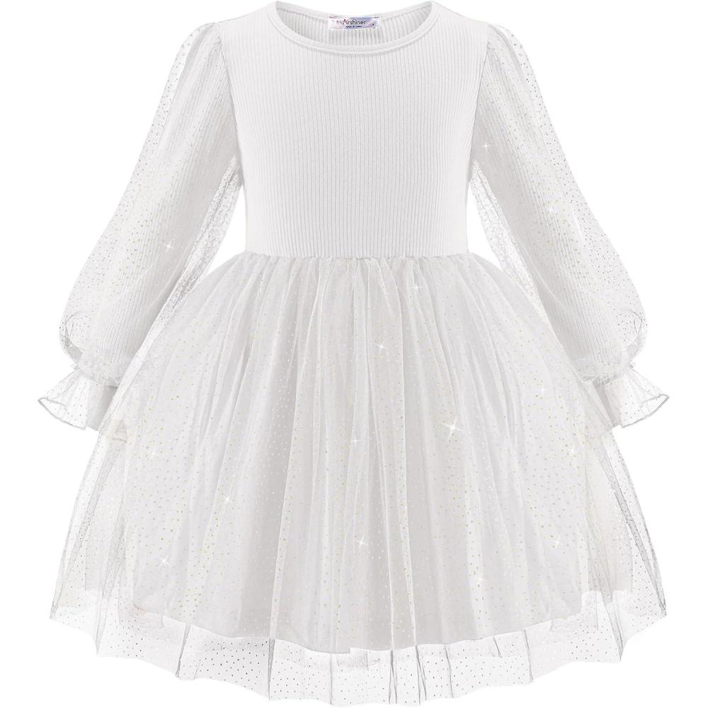 imageArshiner Toddler Christmas Dress Girls Sequin Tulle Puff Long Sleeves Tutu Dress Princess Birthday Party Clothes 16TWhite Glitter Tulle