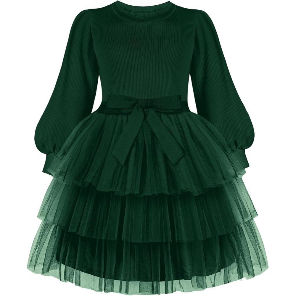 imageArshiner Toddler Dress Little Girls Tutu Fall Winter Puff Long Sleeve Princess Party Tulle DressesGreen