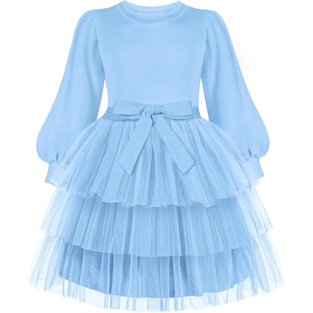 imageArshiner Toddler Dress Little Girls Tutu Fall Winter Puff Long Sleeve Princess Party Tulle DressesLight Blue