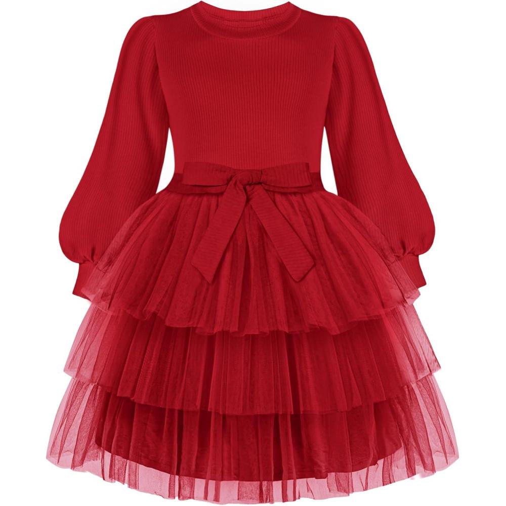 imageArshiner Toddler Dress Little Girls Tutu Fall Winter Puff Long Sleeve Princess Party Tulle DressesRed
