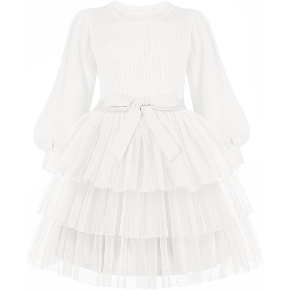 imageArshiner Toddler Dress Little Girls Tutu Fall Winter Puff Long Sleeve Princess Party Tulle DressesWhite