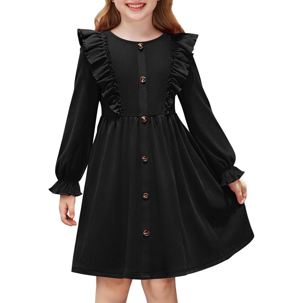 imageArshiner Toddler Fall Winter Sweater Dress Ruffle Long Sleeve Ribbed Knit Button Down Casual Dresses with PocketsBlack