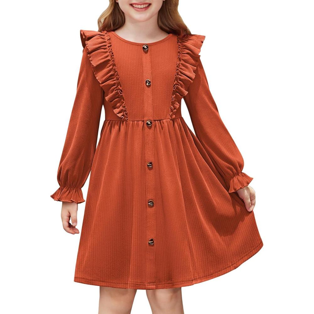 imageArshiner Toddler Fall Winter Sweater Dress Ruffle Long Sleeve Ribbed Knit Button Down Casual Dresses with PocketsBrown