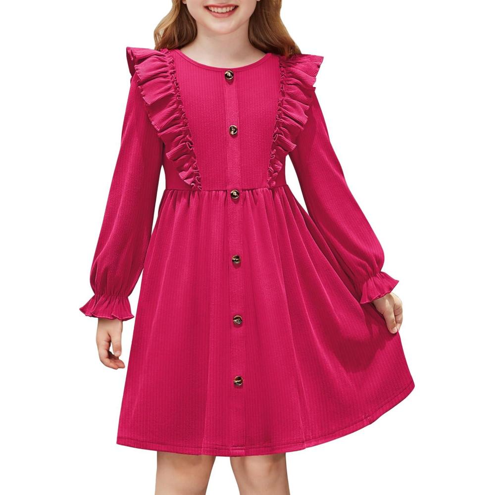 imageArshiner Toddler Fall Winter Sweater Dress Ruffle Long Sleeve Ribbed Knit Button Down Casual Dresses with PocketsHot Pink