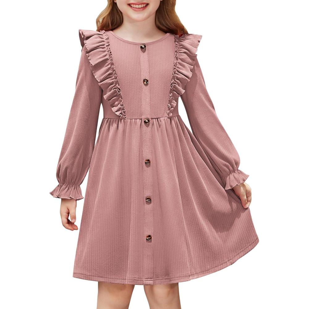 imageArshiner Toddler Fall Winter Sweater Dress Ruffle Long Sleeve Ribbed Knit Button Down Casual Dresses with PocketsPink
