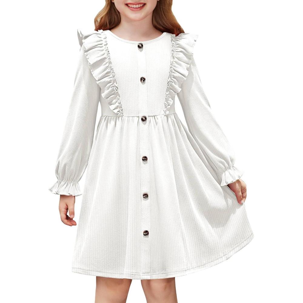 imageArshiner Toddler Fall Winter Sweater Dress Ruffle Long Sleeve Ribbed Knit Button Down Casual Dresses with PocketsWhite