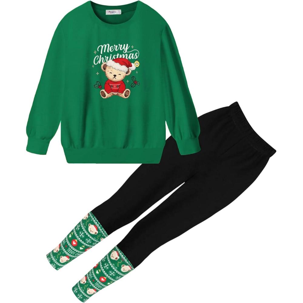 imageArshiner Toddler Girls Clothes 2Pcs Graphic Pullover Sweatshirts Patchwork Leggings Pants Fall Winter Outfit Tracksuits 16Green Print