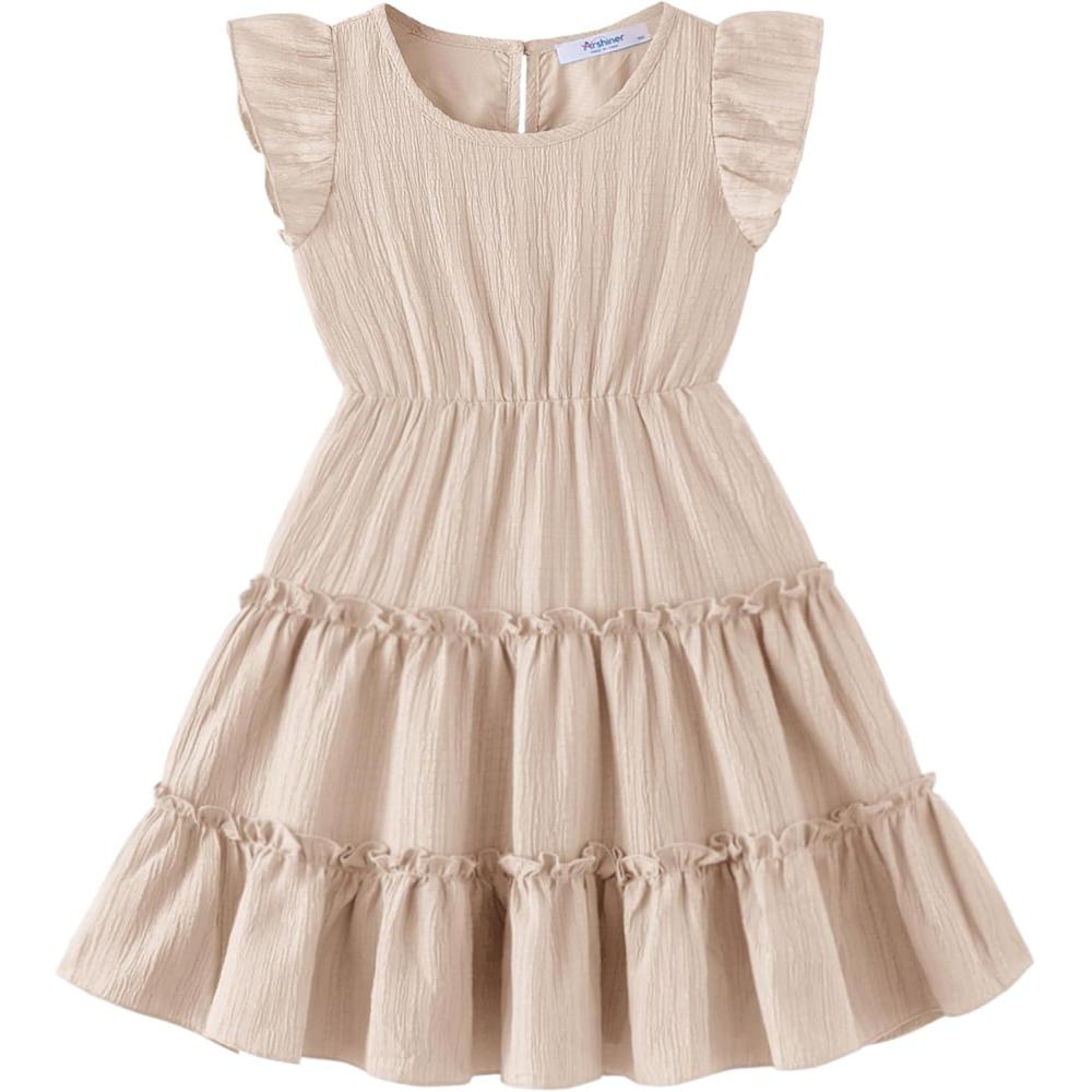 imageArshiner Toddler Girls Dress Ruffle Sleeveless Tiered Swing Twirly Dresses Cute Summer Beach Sundress with Pocket for 16TBeige