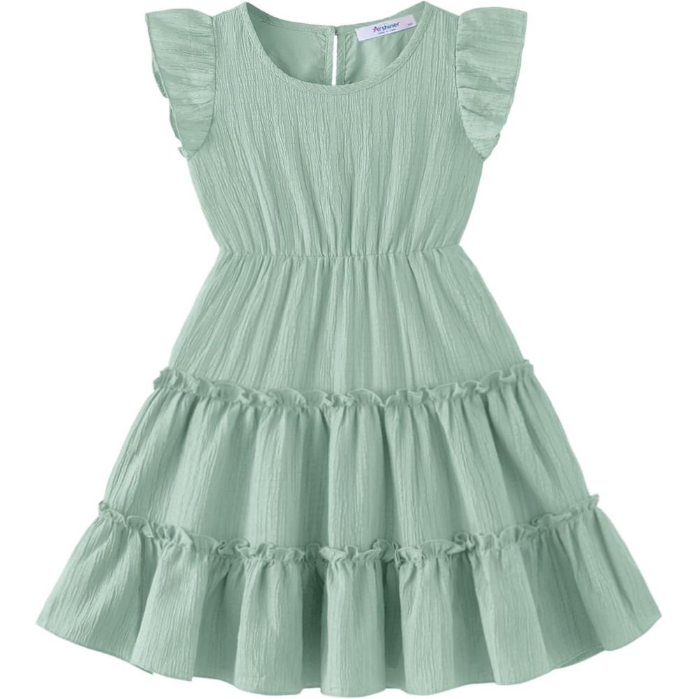 imageArshiner Toddler Girls Dress Ruffle Sleeveless Tiered Swing Twirly Dresses Cute Summer Beach Sundress with Pocket for 16TGreen