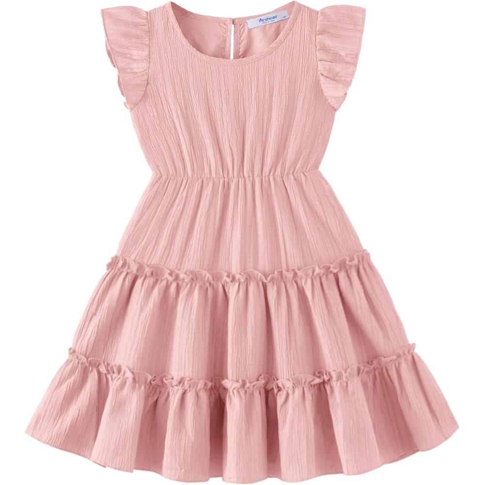 imageArshiner Toddler Girls Dress Ruffle Sleeveless Tiered Swing Twirly Dresses Cute Summer Beach Sundress with Pocket for 16TPink