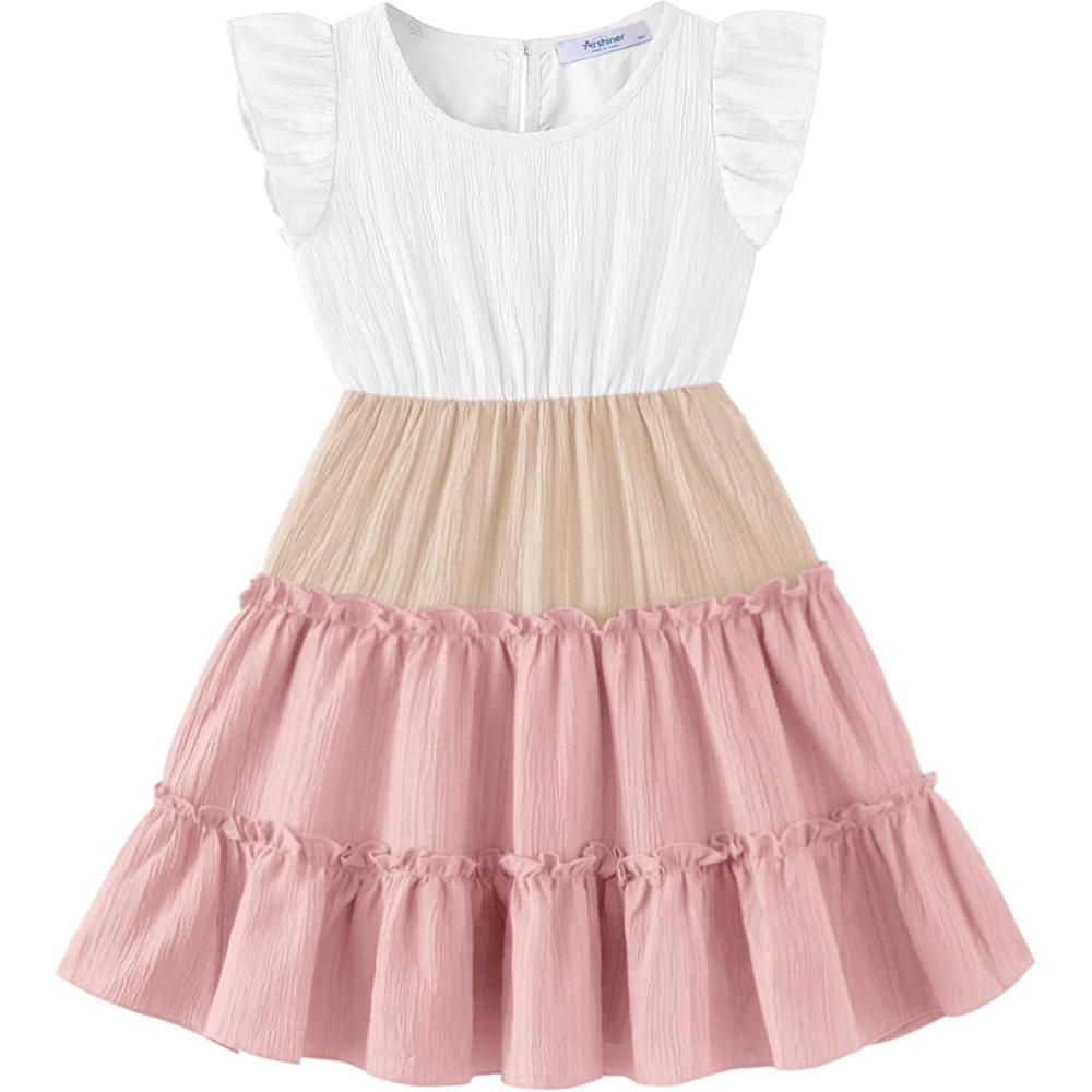 imageArshiner Toddler Girls Dress Ruffle Sleeveless Tiered Swing Twirly Dresses Cute Summer Beach Sundress with Pocket for 16TWhite Pink