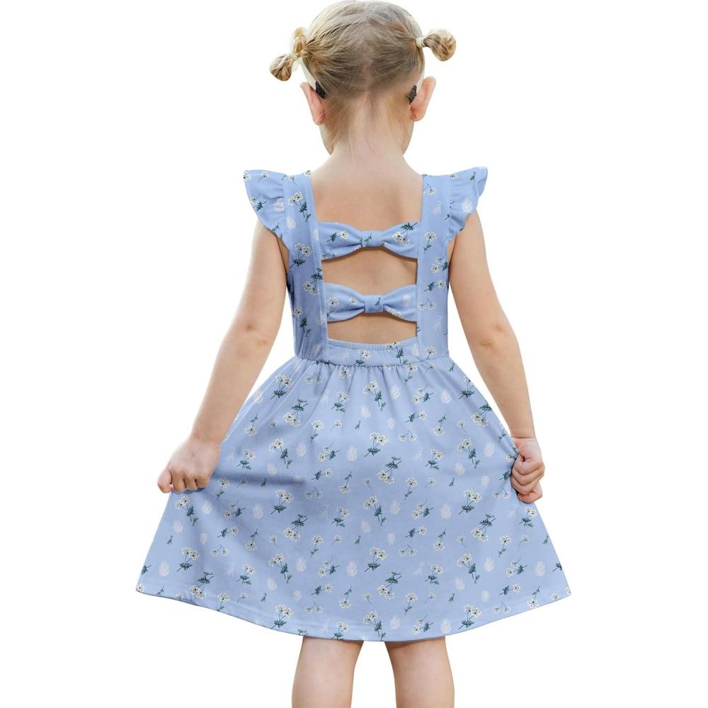 imageArshiner Toddler Girls Dresses Flutter Sleeve Ruffle Back Bowknot Dress Kids Summer Casual Beach Sundress with Pockets 26TBlue Floral