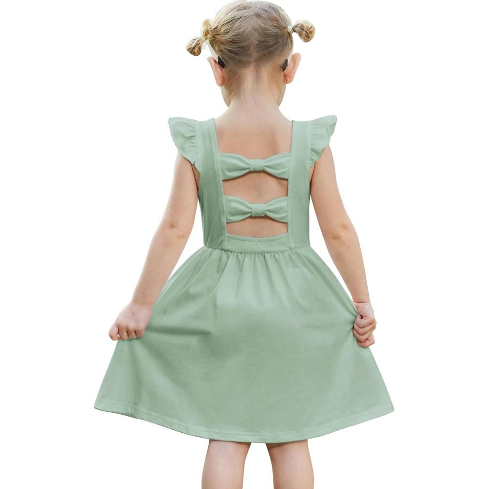 imageArshiner Toddler Girls Dresses Flutter Sleeve Ruffle Back Bowknot Dress Kids Summer Casual Beach Sundress with Pockets 26TGreen