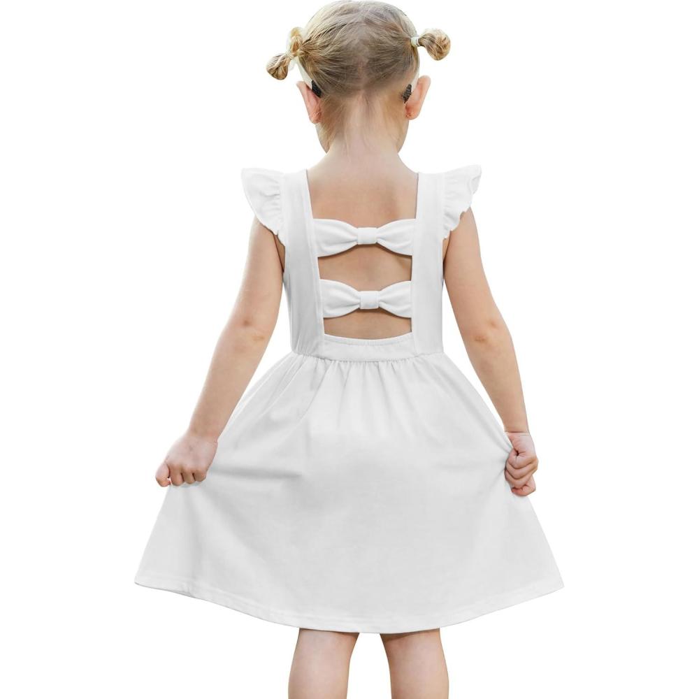 imageArshiner Toddler Girls Dresses Flutter Sleeve Ruffle Back Bowknot Dress Kids Summer Casual Beach Sundress with Pockets 26TWhite