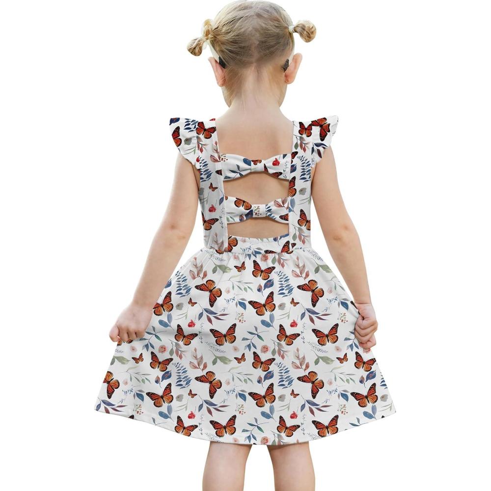 imageArshiner Toddler Girls Dresses Flutter Sleeve Ruffle Back Bowknot Dress Kids Summer Casual Beach Sundress with Pockets 26TWhite Butterfly
