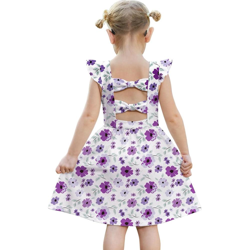 imageArshiner Toddler Girls Dresses Flutter Sleeve Ruffle Back Bowknot Dress Kids Summer Casual Beach Sundress with Pockets 26TWhite Floral