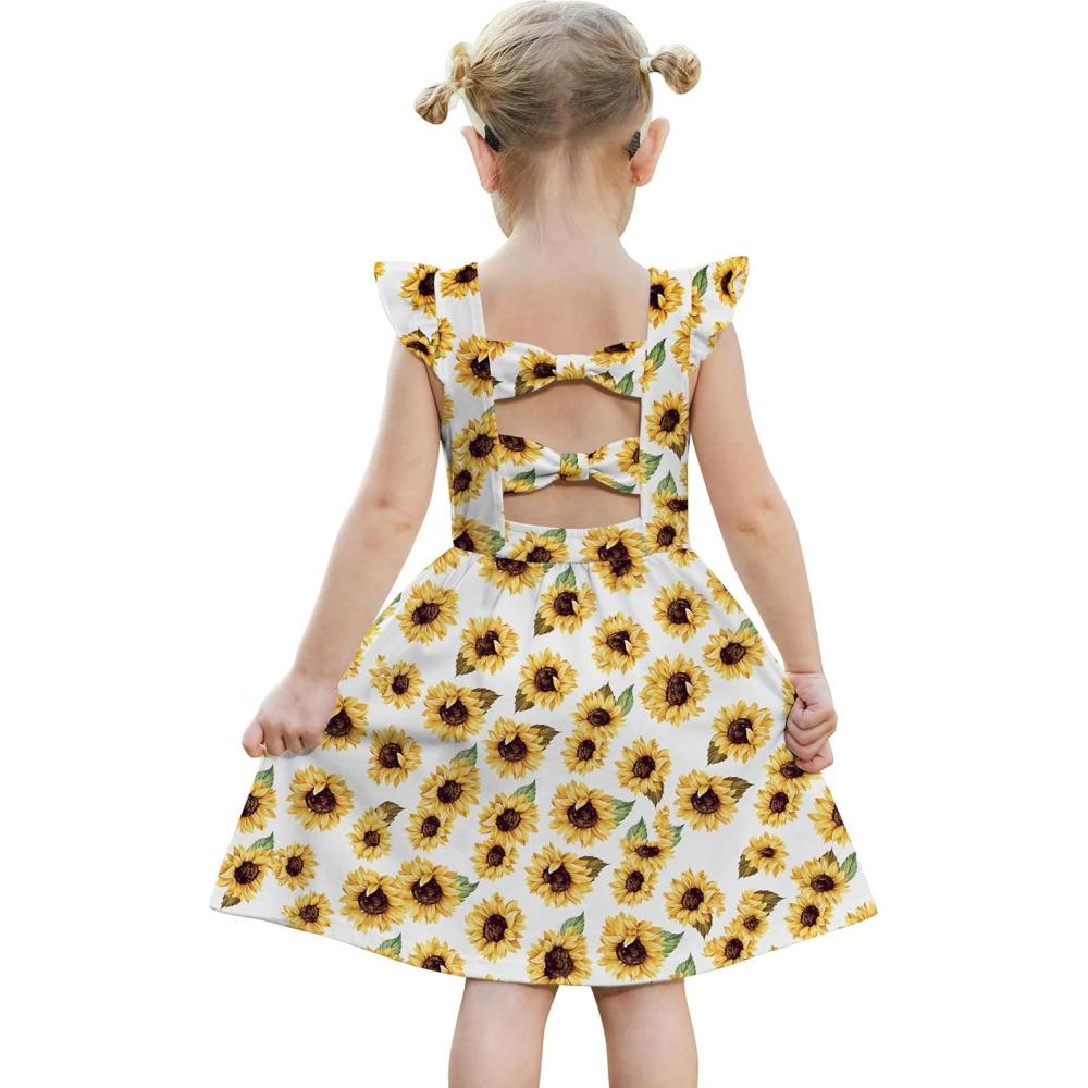 imageArshiner Toddler Girls Dresses Flutter Sleeve Ruffle Back Bowknot Dress Kids Summer Casual Beach Sundress with Pockets 26TWhite Sunflower