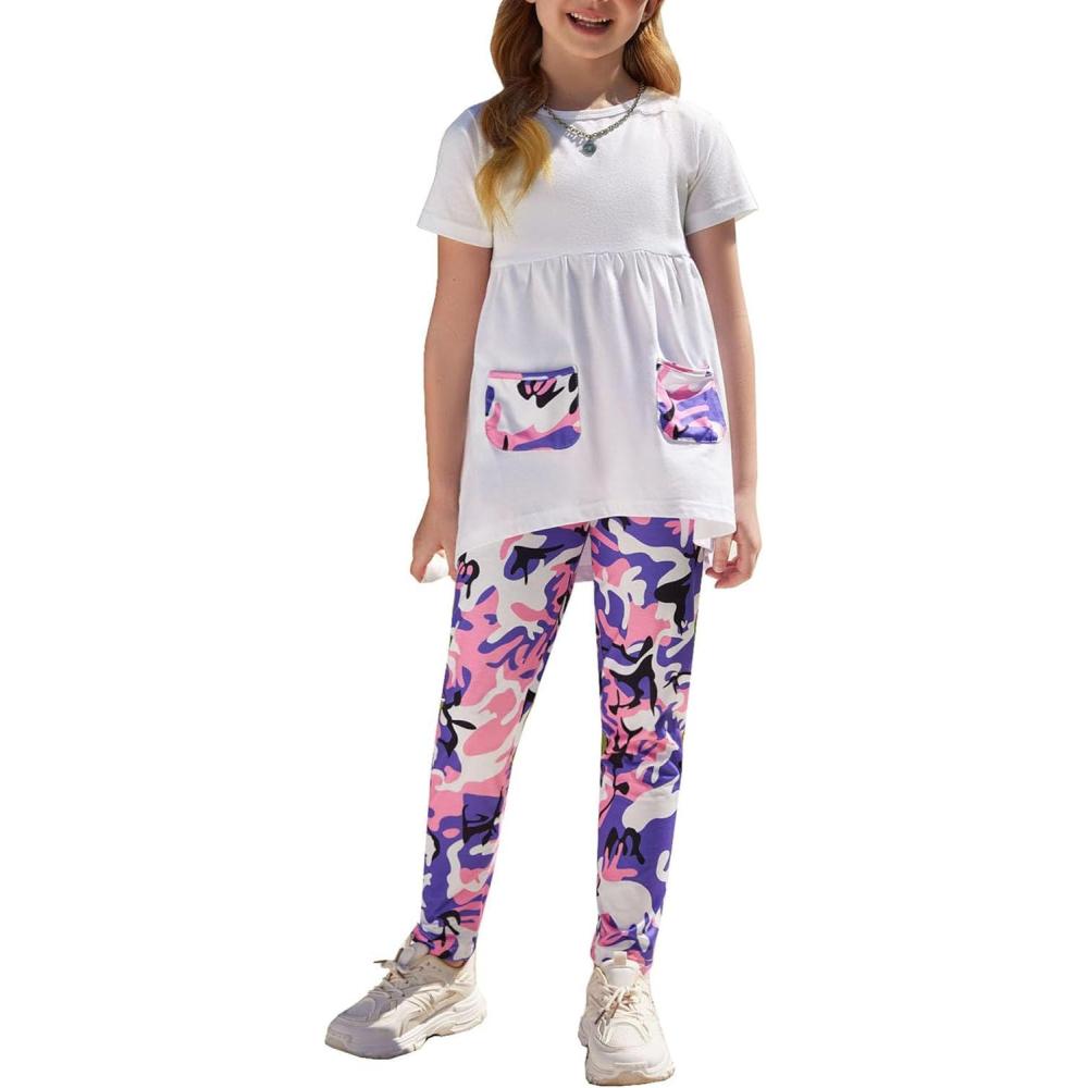 imageArshiner Toddler Girls Outfits Floral HiLo Topspants Sets Short SLeeve 2pcs Pants Sets with PocketsWhitePink Camo