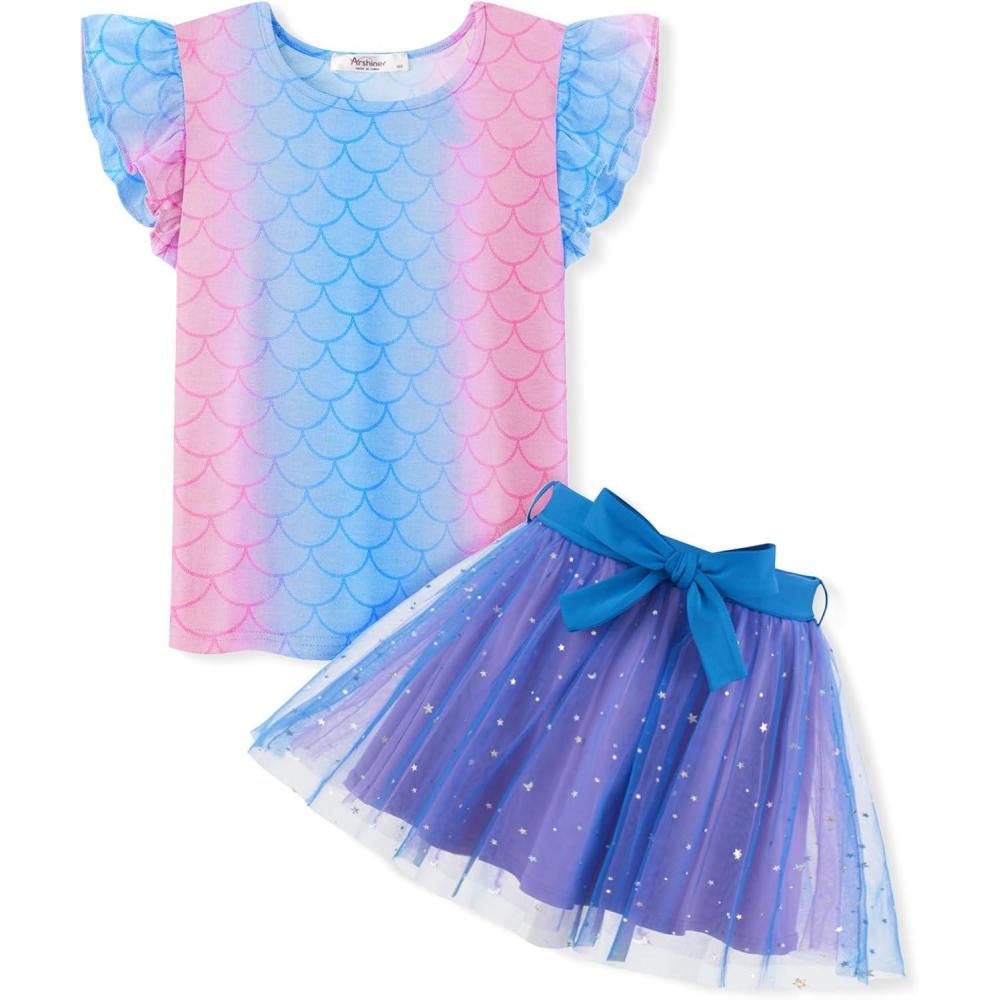 imageArshiner Toddler Summer Girls Clothes 2 Piece Ruffle Sleeve Tops and Belt Tutu Skirt Sets Cute Party Dress for KidsBlue Mermaid